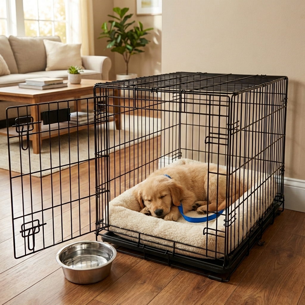 A sleepy puppy resting in a cozy crate after a successful potty trip