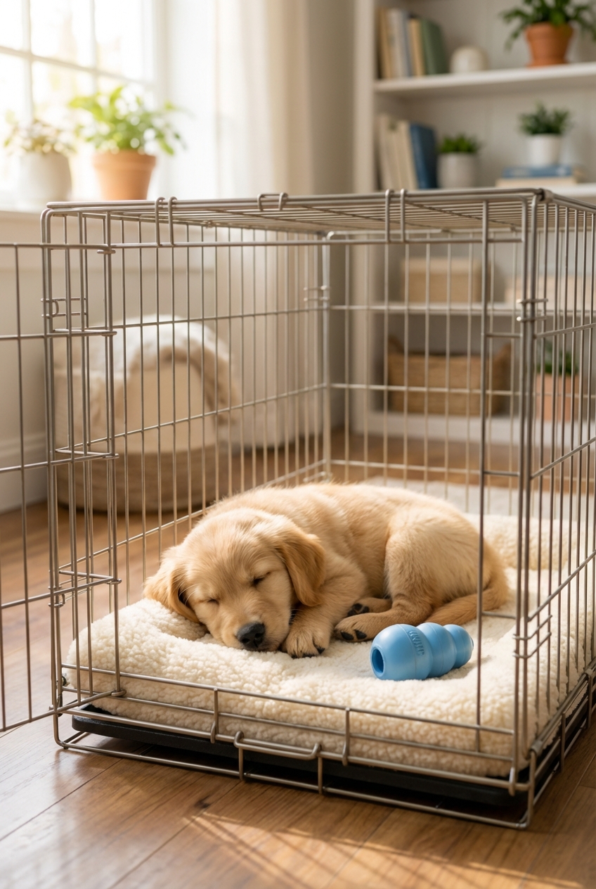 A sleepy puppy resting in an open crate with a soft mat and a safe chew toy nearby
