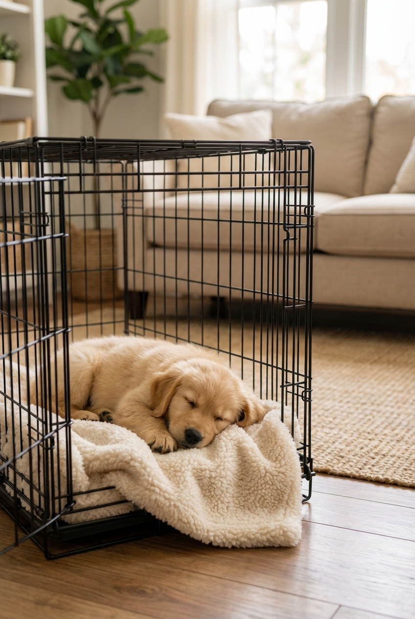 A sleepy puppy resting in an open crate with a soft blanket in a calm living room