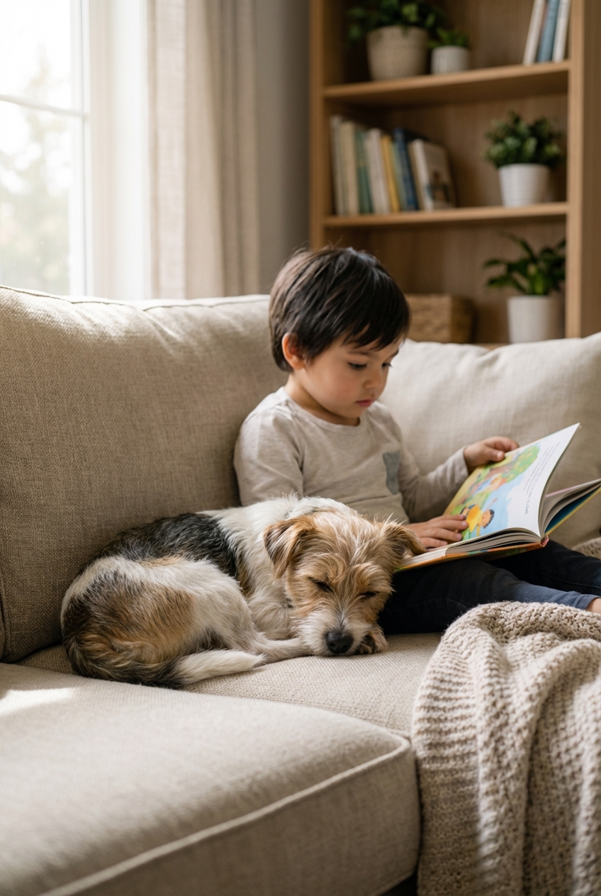 A sleepy small dog resting on a couch while a child reads nearby