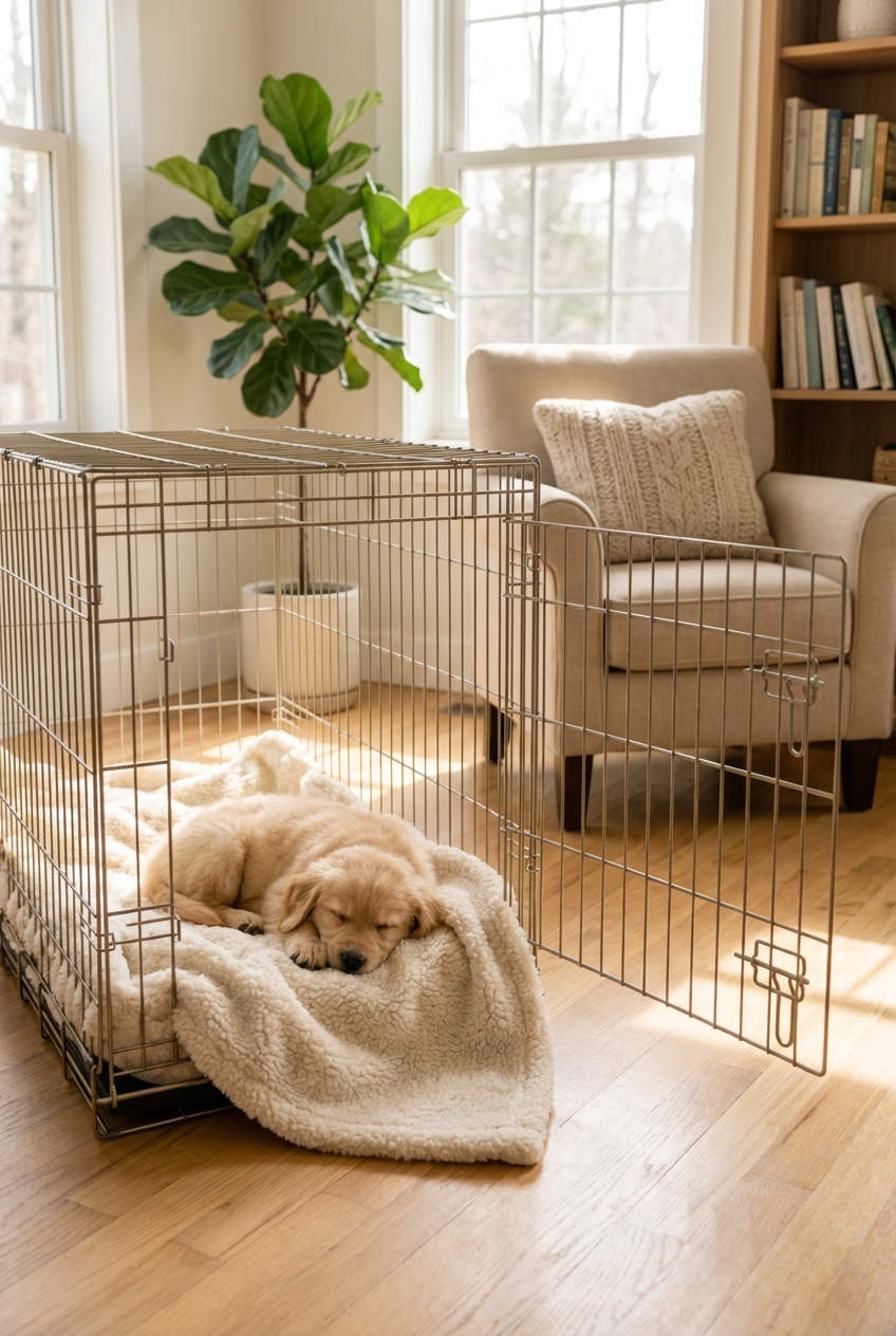 A sleepy young puppy resting calmly in an open crate with a soft blanket in a bright living room