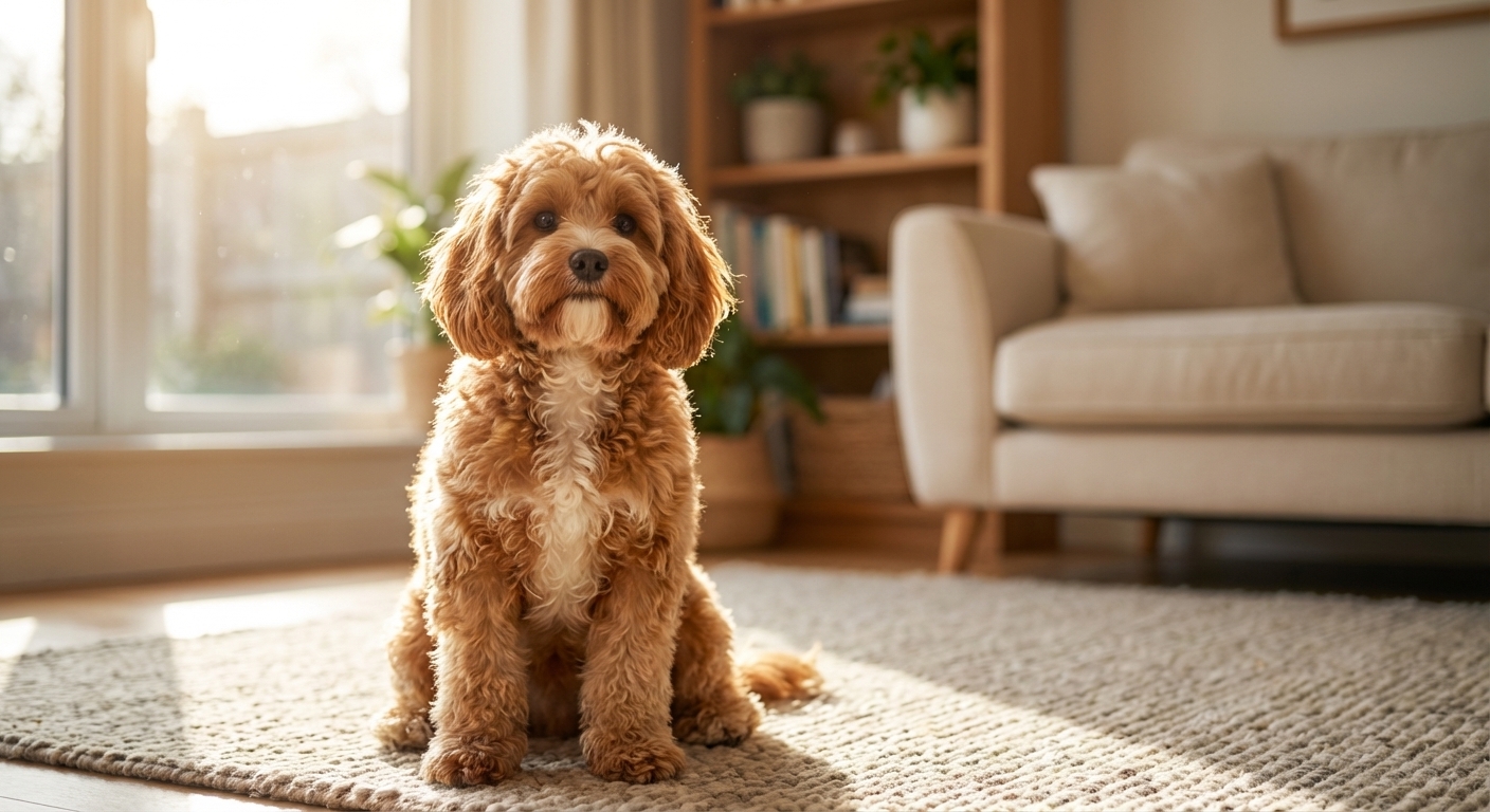 A small Cavapoo sitting calmly in a sunny living room, natural window light, photorealistic, shallow depth of field