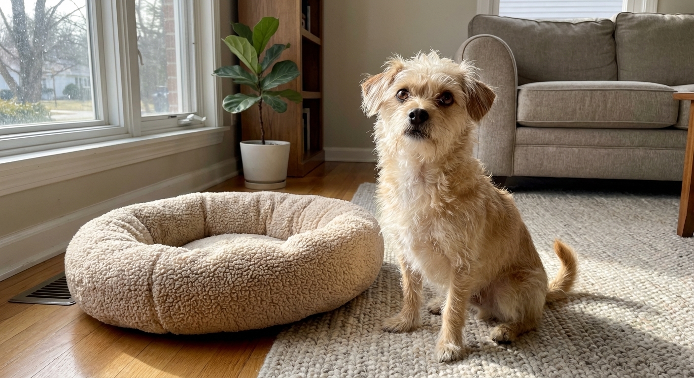 A small Chipoo dog sitting on a living room rug next to a plush dog bed, looking up at the camera with bright eyes, natural window light, photorealistic