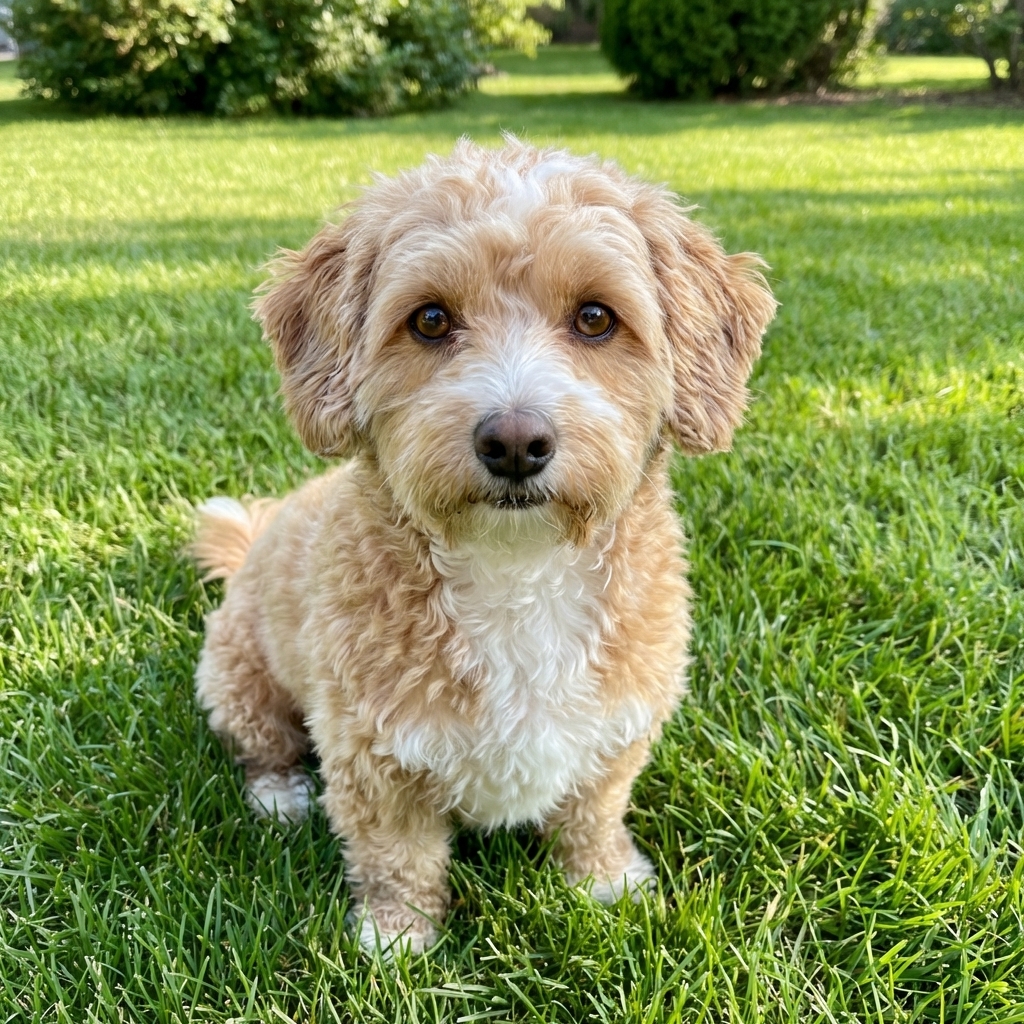 A small Corgipoo sitting on a grassy lawn looking at the camera, natural daylight, photorealistic pet photography