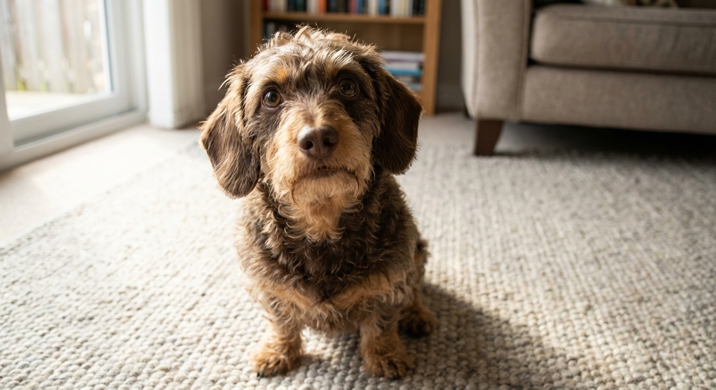 A small Doxiepoo sitting on a living room rug looking up at the camera, natural window light, photorealistic pet photography