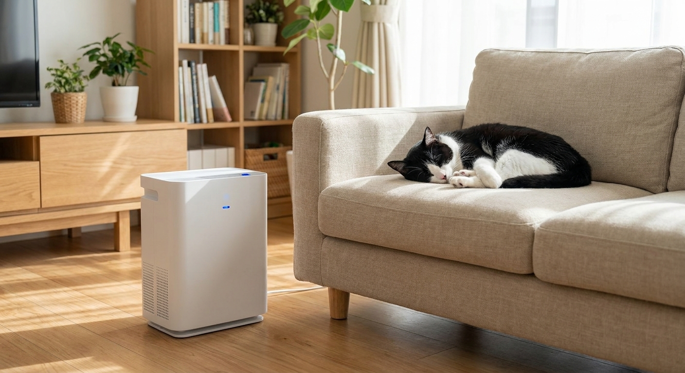 A small HEPA air purifier running in a tidy living room while a black-and-white cat rests nearby on a sofa, realistic indoor photo