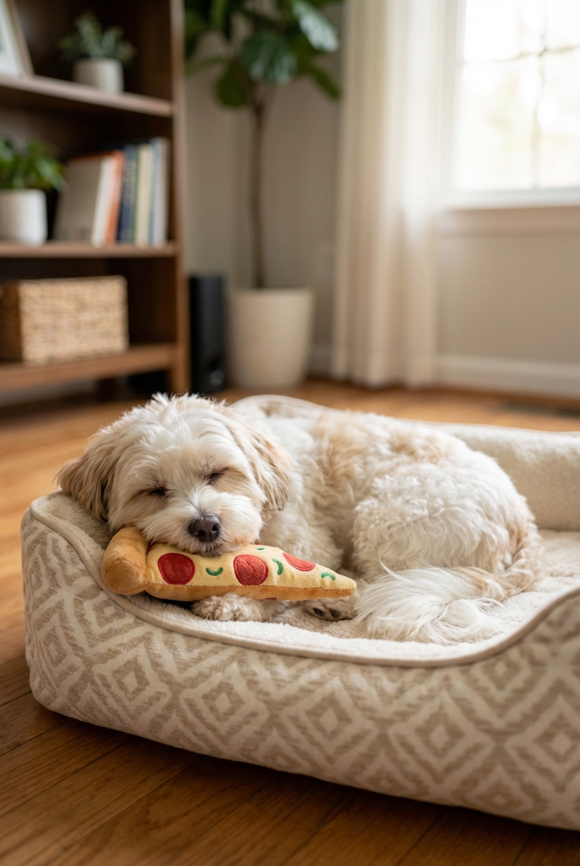 A small Havanese resting calmly on a dog bed with a stuffed food toy in a quiet home environment