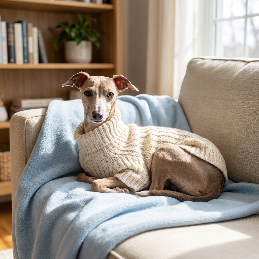 A small Italian Greyhound wearing a soft knit sweater while resting on a fleece blanket on a couch in a bright living room, realistic pet photography