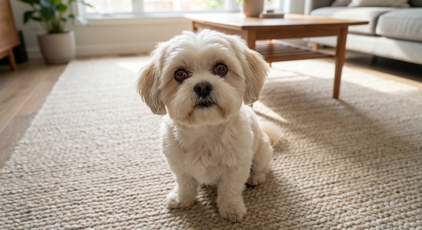 A small Malshi dog with a soft fluffy coat sitting on a living room rug looking up at the camera in natural window light, photorealistic