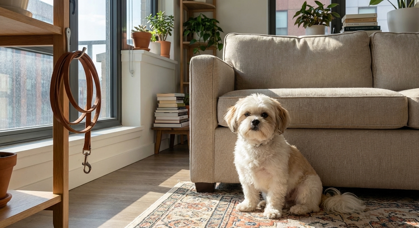 A small Malshi sitting calmly next to a sofa in a bright apartment living room with a leash hanging nearby, photorealistic