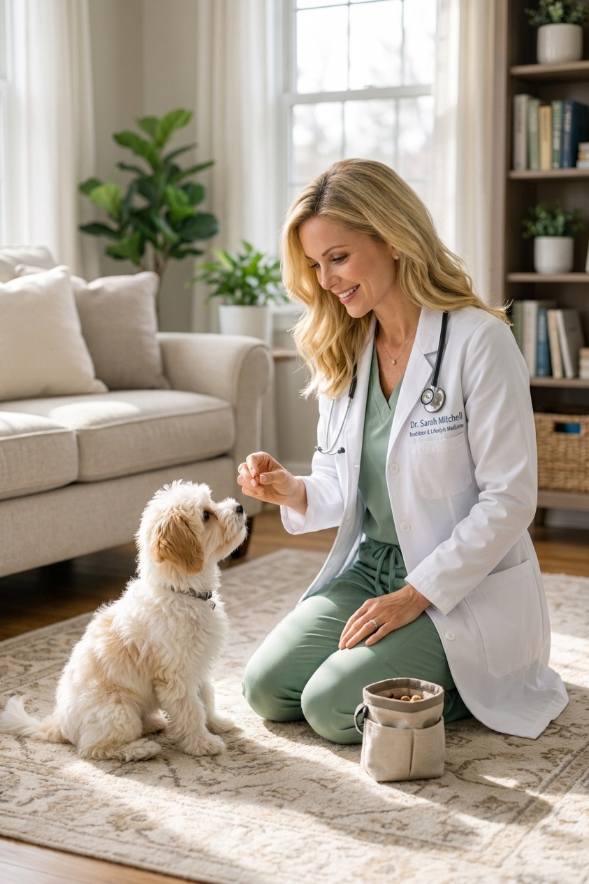 A small Maltipoo puppy sitting on a living room rug next to a treat pouch during a calm training session, natural indoor light, real photograph