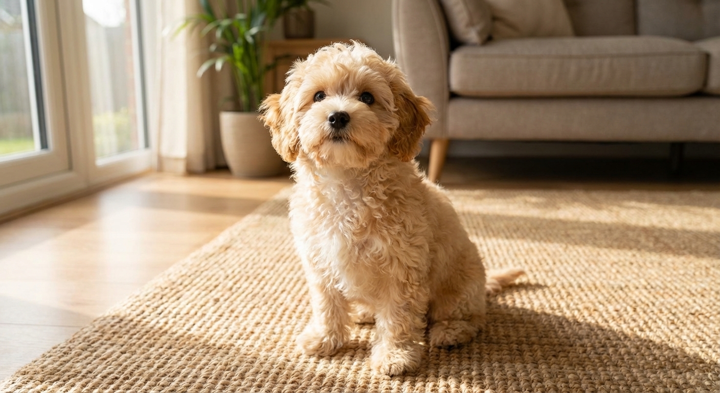 A small Maltipoo sitting on a living room rug looking up at the camera, soft natural window light, realistic pet photography