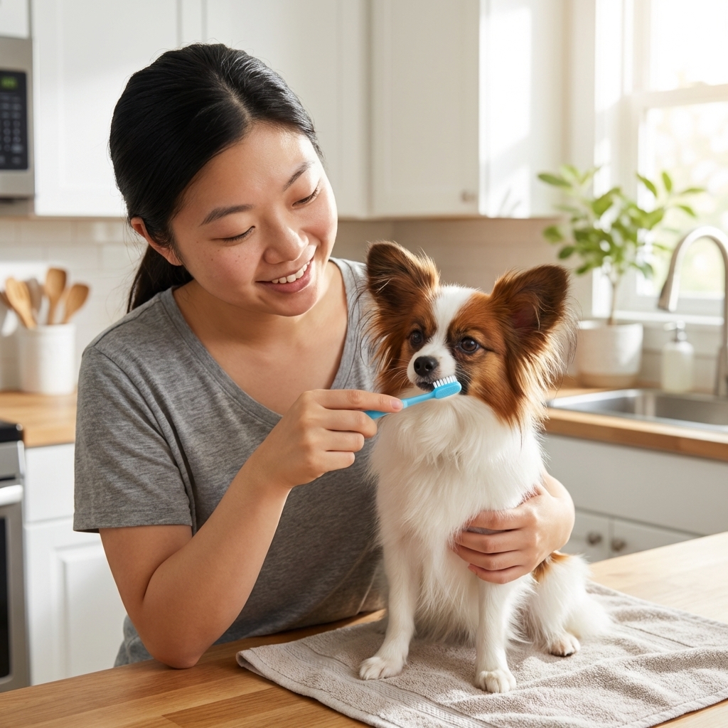 A small Papillon calmly having its teeth brushed with a soft dog toothbrush in a bright kitchen, realistic photography