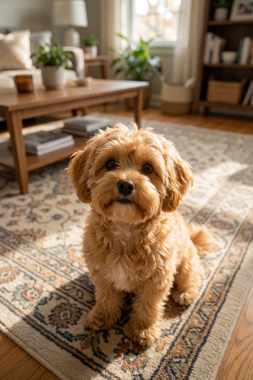 A small Peekapoo sitting on a living room rug, looking up at the camera with a fluffy wavy coat, warm indoor light, realistic pet photography