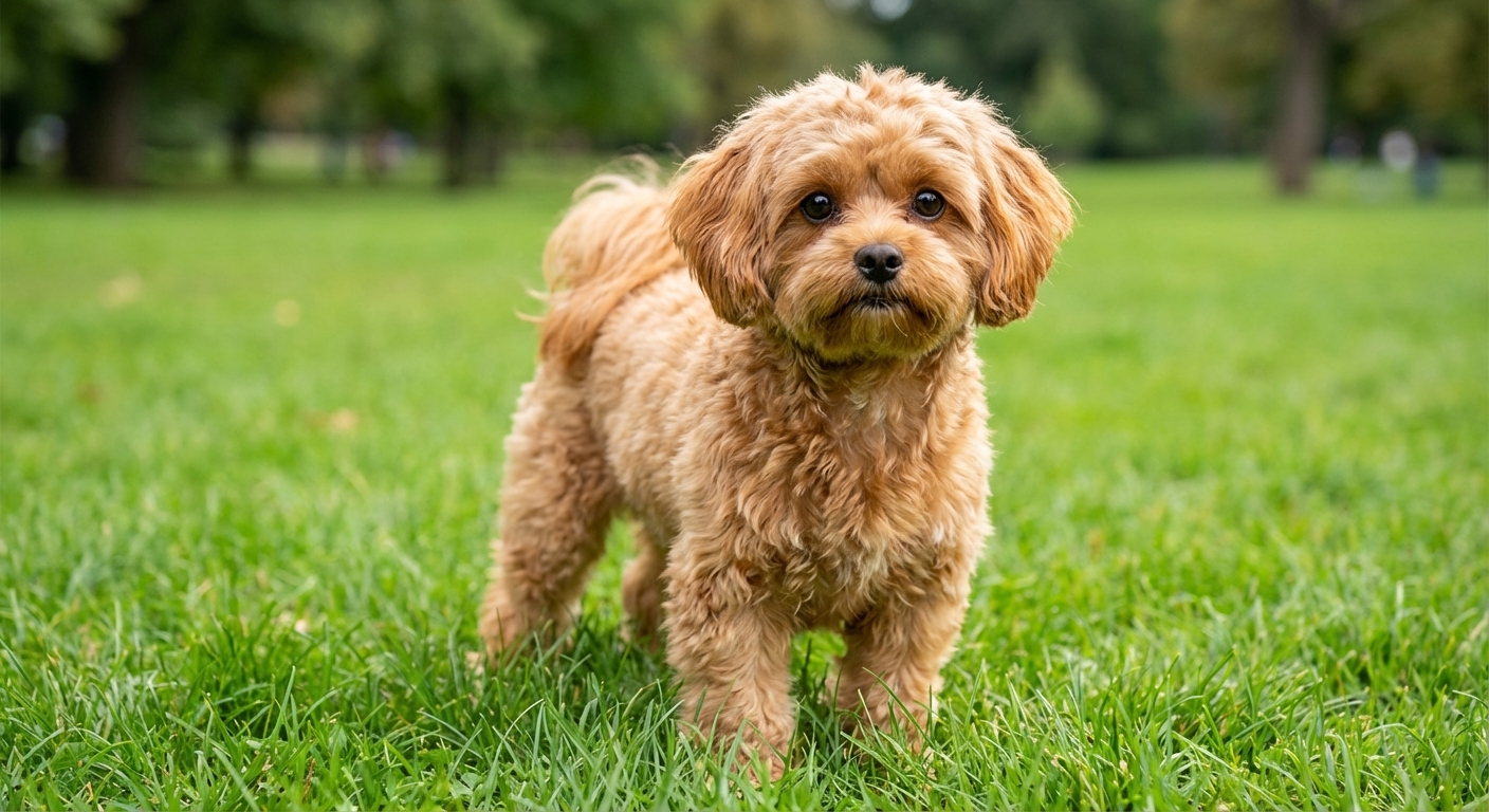 A small Peekapoo standing in a grassy park with a wavy apricot coat and dark round eyes, shallow depth of field, realistic pet photography