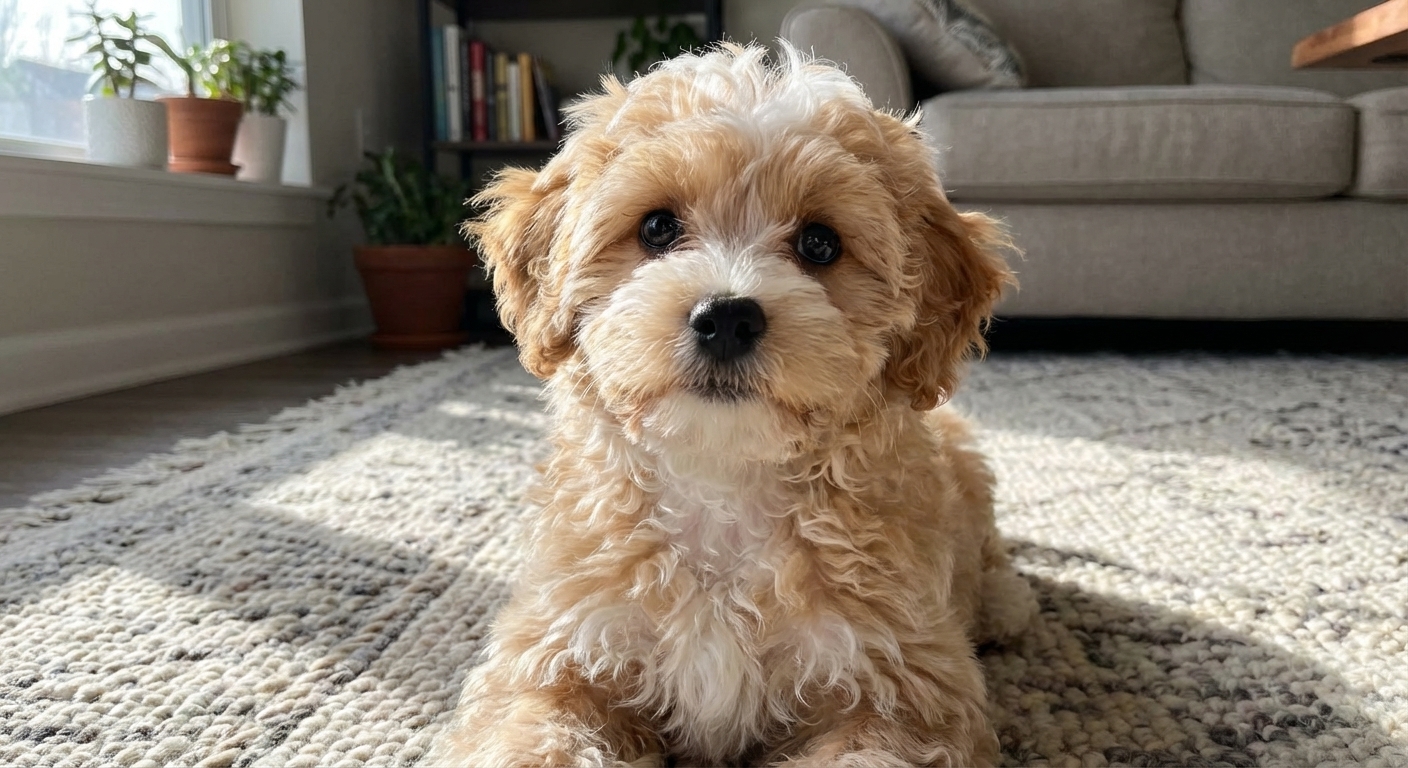 A small Pomapoo sitting on a living room rug looking up at the camera, fluffy coat, bright eyes, natural window light, photorealistic