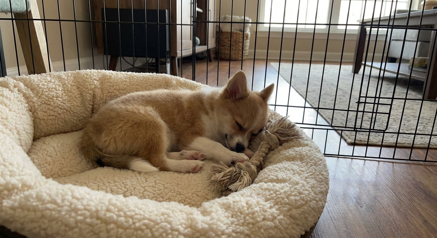 A small Pomchi puppy resting in a crate with a soft bed and a chew toy, showing a calm home setup