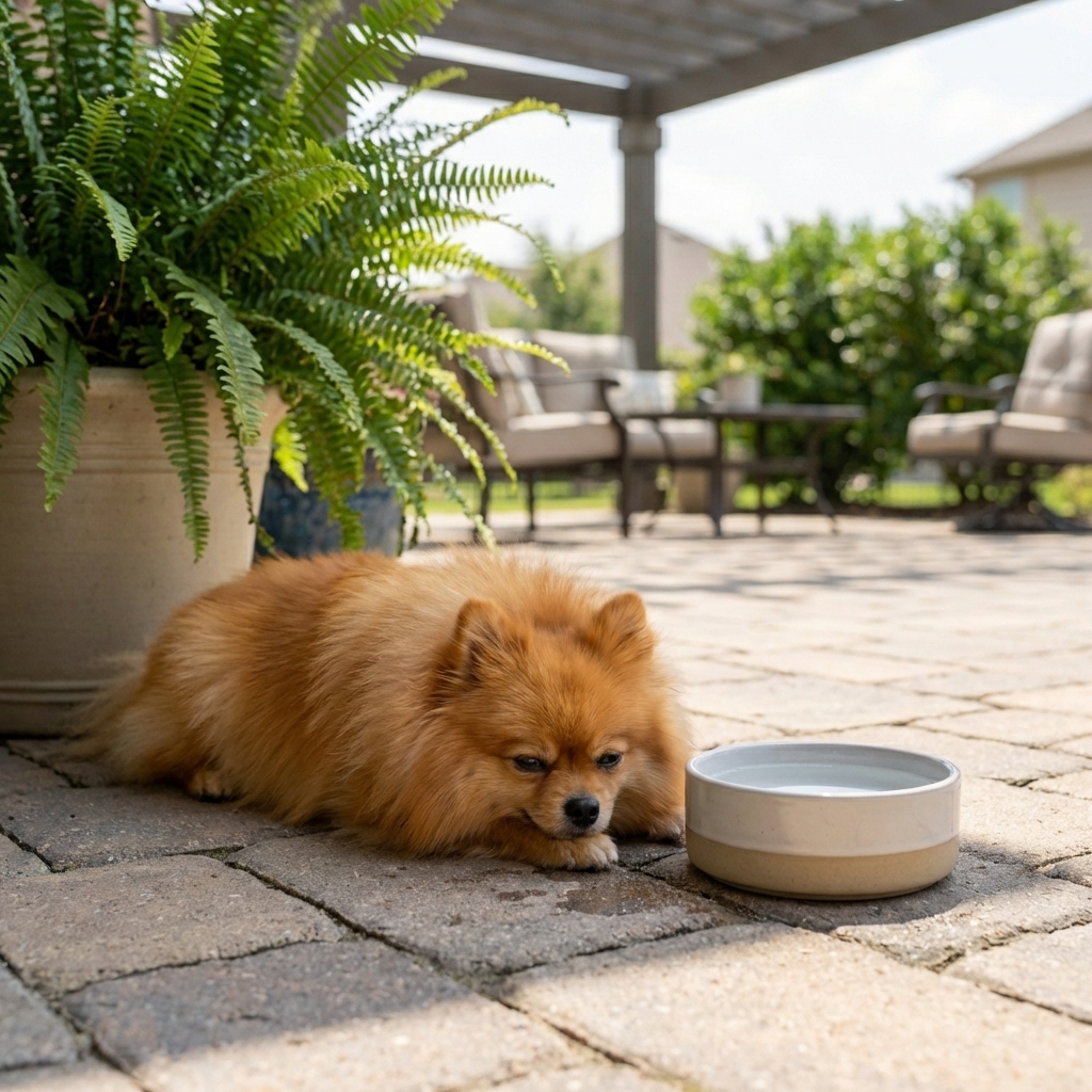 A small Pomeranian resting in the shade on a patio while a water bowl sits nearby