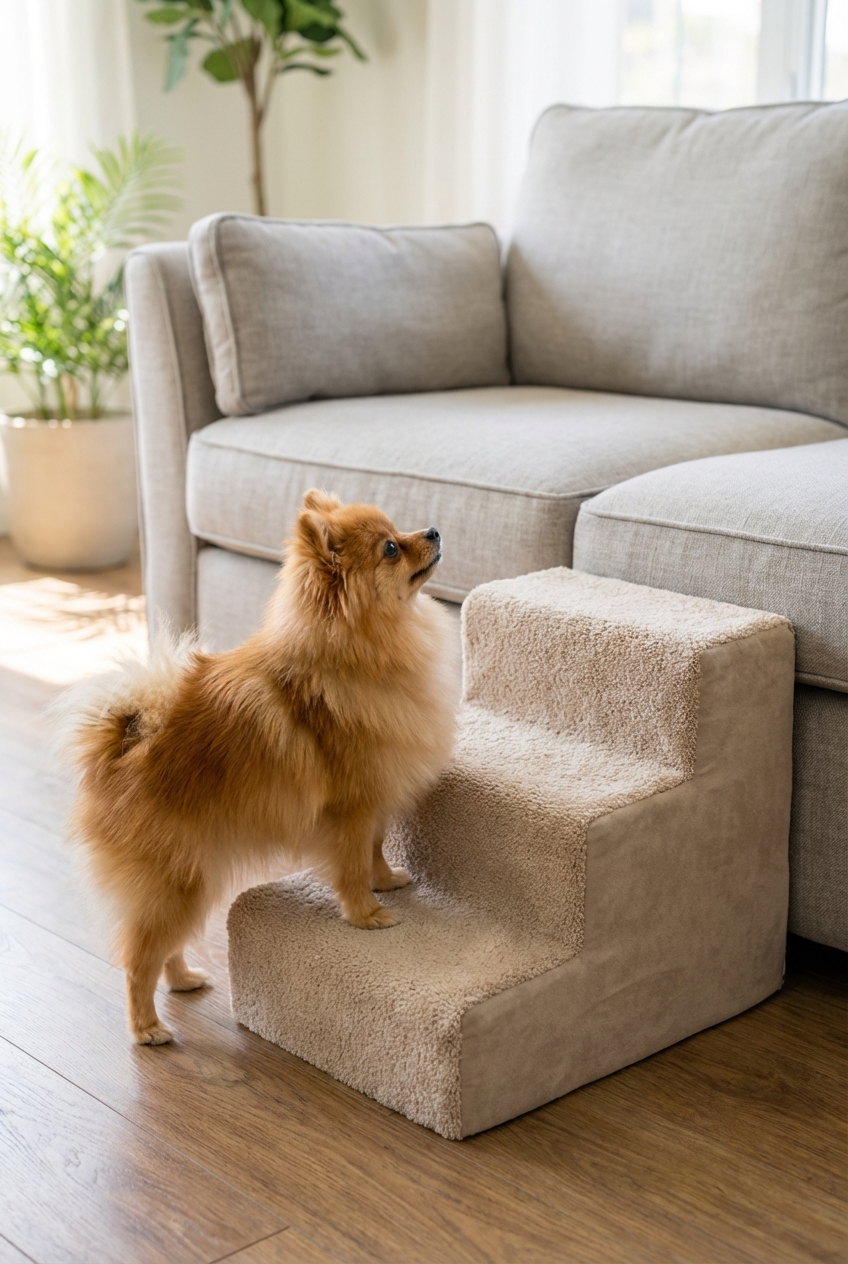 A small Pomeranian standing next to pet stairs leading up to a couch