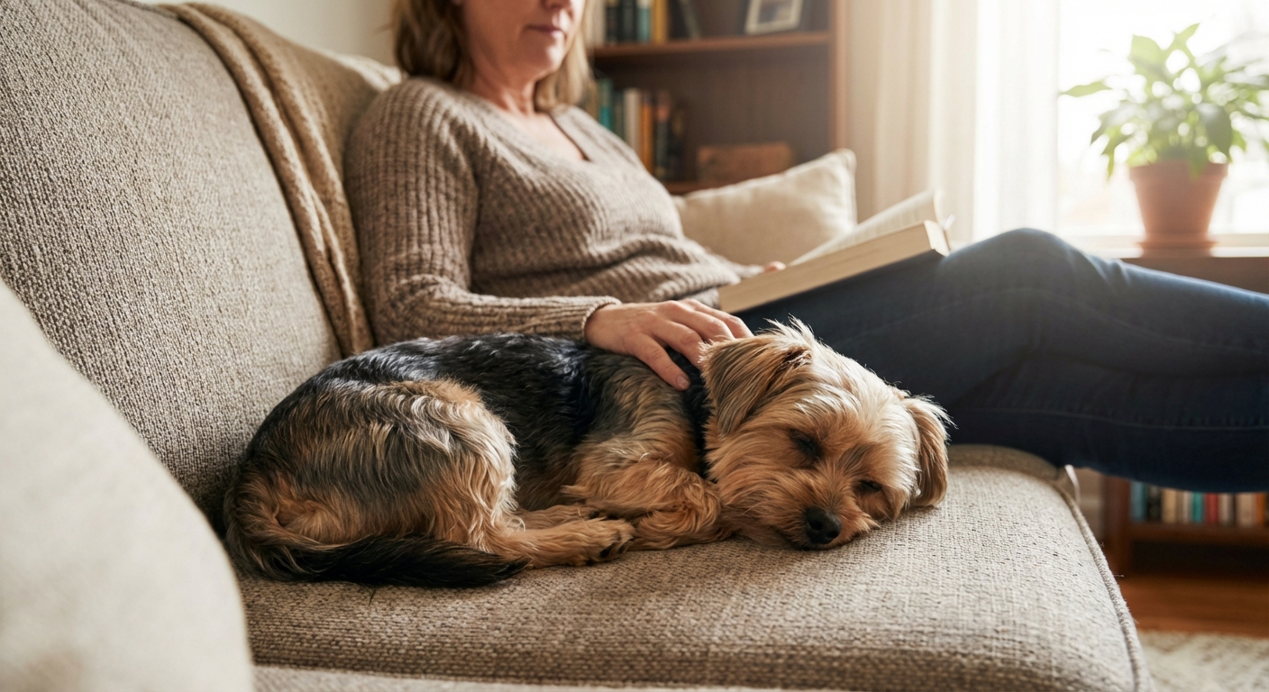 A small Shorkie resting on a sofa next to an adult owner, relaxed posture, cozy home setting, photorealistic