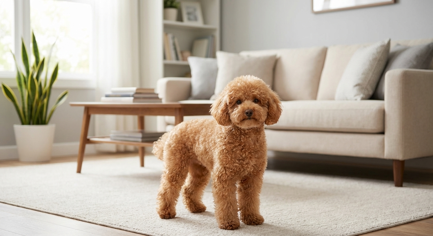 A small Toy Poodle standing calmly in a tidy living room