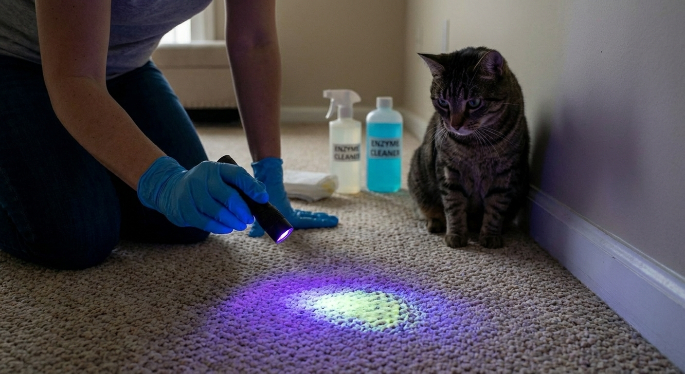 A small UV flashlight shining on a carpet near a baseboard in a living room to locate cat urine spots