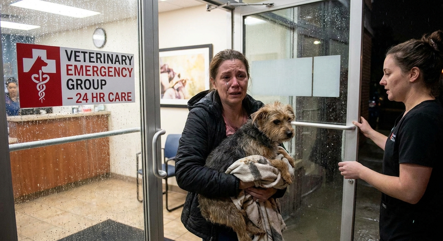 A small adult dog being carried into a veterinary emergency clinic by a worried owner.
