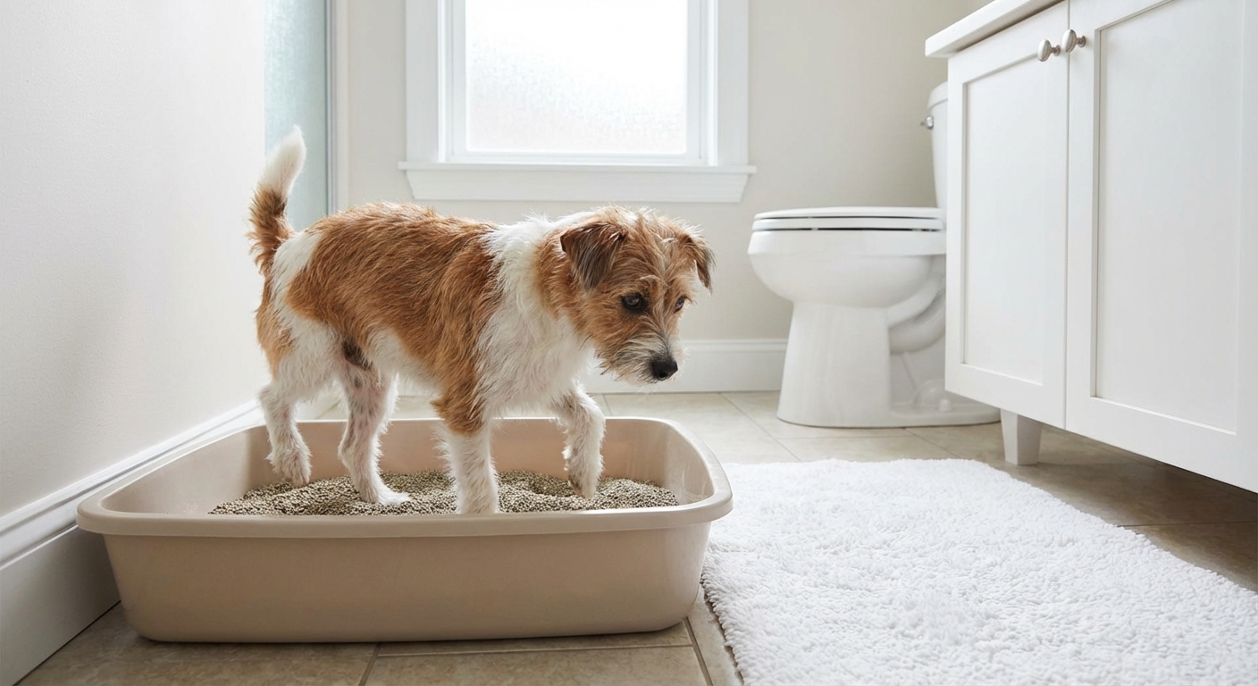 A small adult dog stepping into a low-sided litter box in a clean bathroom at home