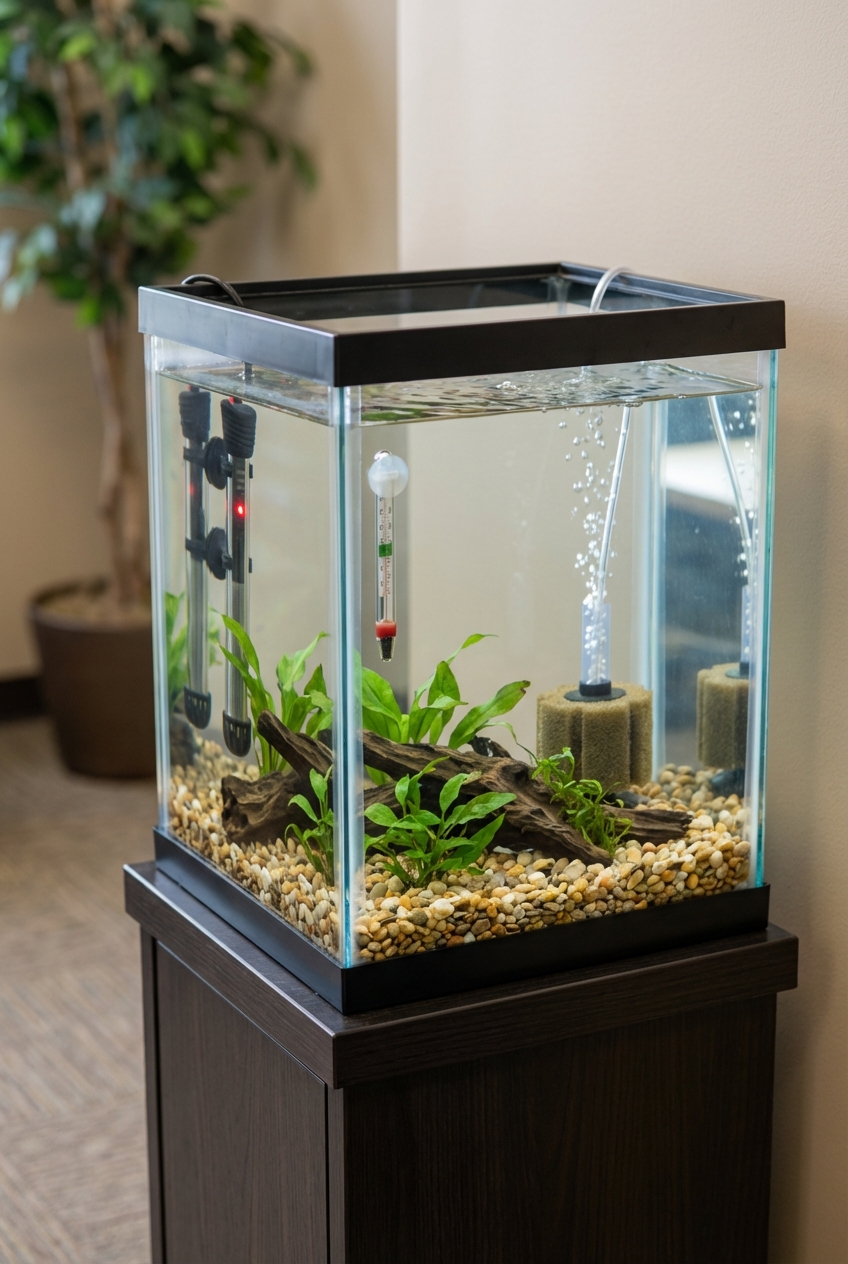 A small aquarium on a sturdy stand with a heater, thermometer, and gentle filter