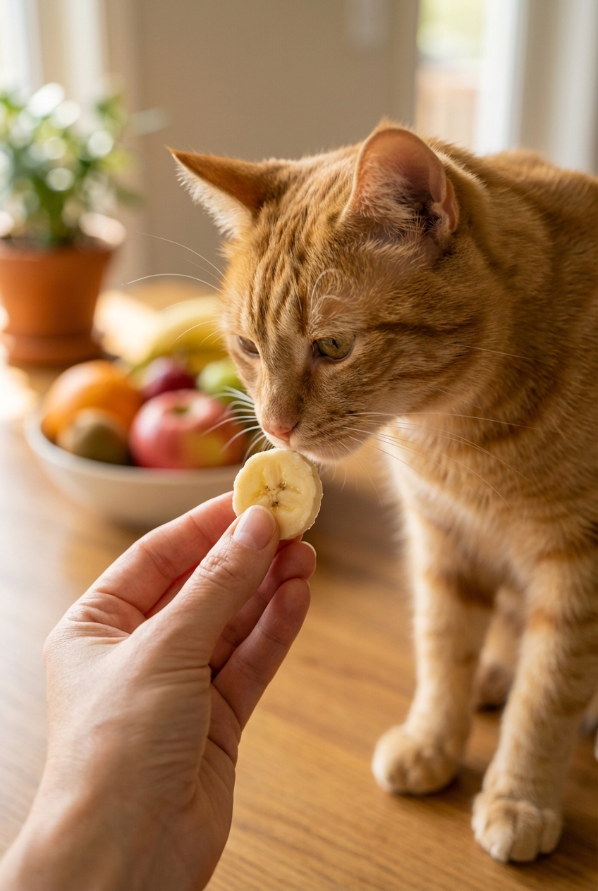 A small banana slice held between fingers near a curious orange cat