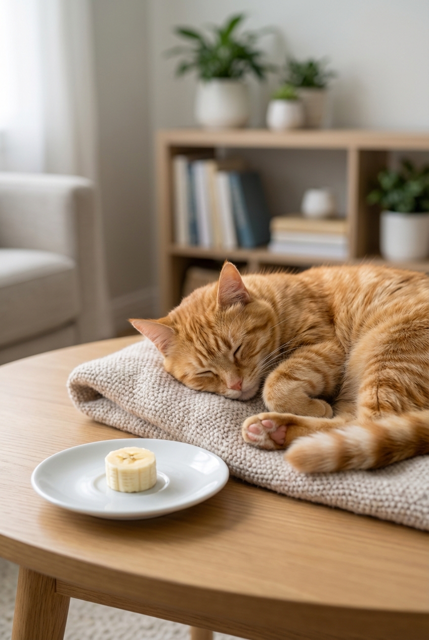 A small banana slice on a plate next to a sleeping cat in a living room