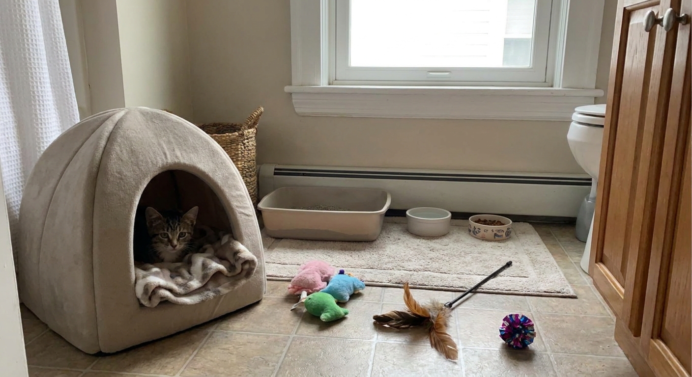 A small bathroom socialization setup for a feral kitten with a covered bed, litter box, water bowl, and a few toys arranged neatly