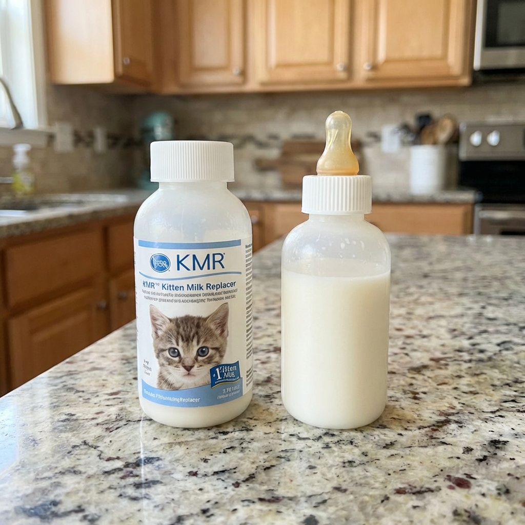 A small bottle of kitten milk replacer next to a kitten nursing bottle on a kitchen counter