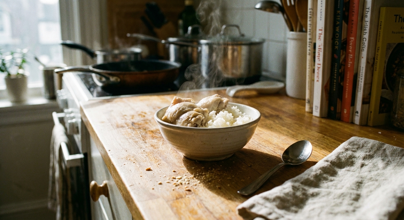 A small bowl containing boiled chicken and white rice on a kitchen counter