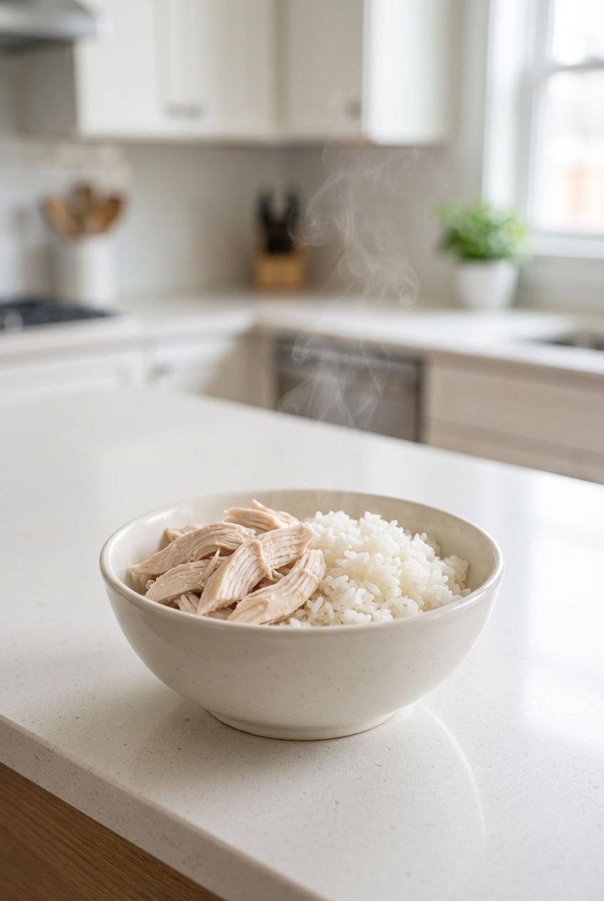 A small bowl containing plain boiled chicken and white rice on a kitchen counter