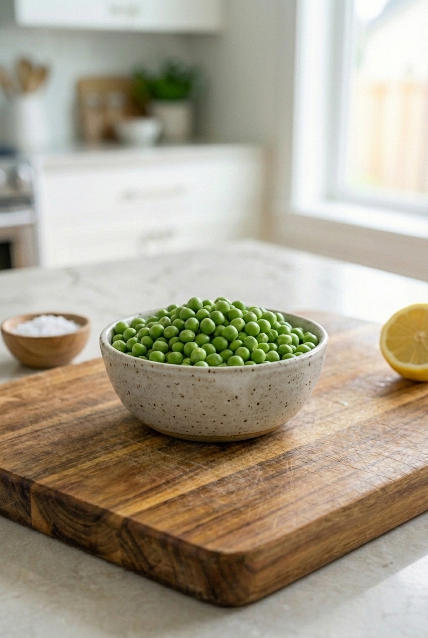 A small bowl filled with green peas