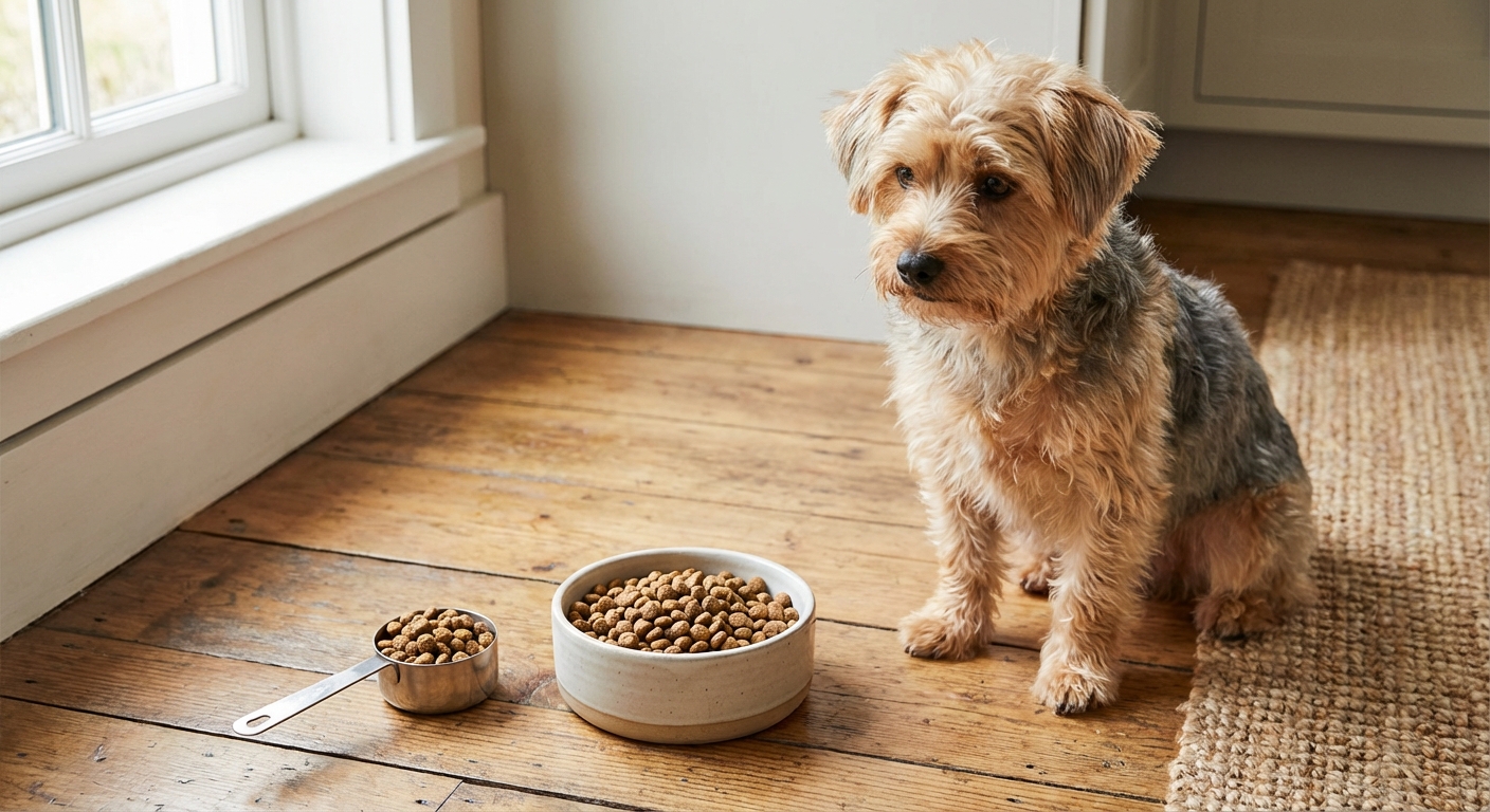 A small bowl of balanced kibble beside a measuring scoop and a Yorkipoo waiting calmly