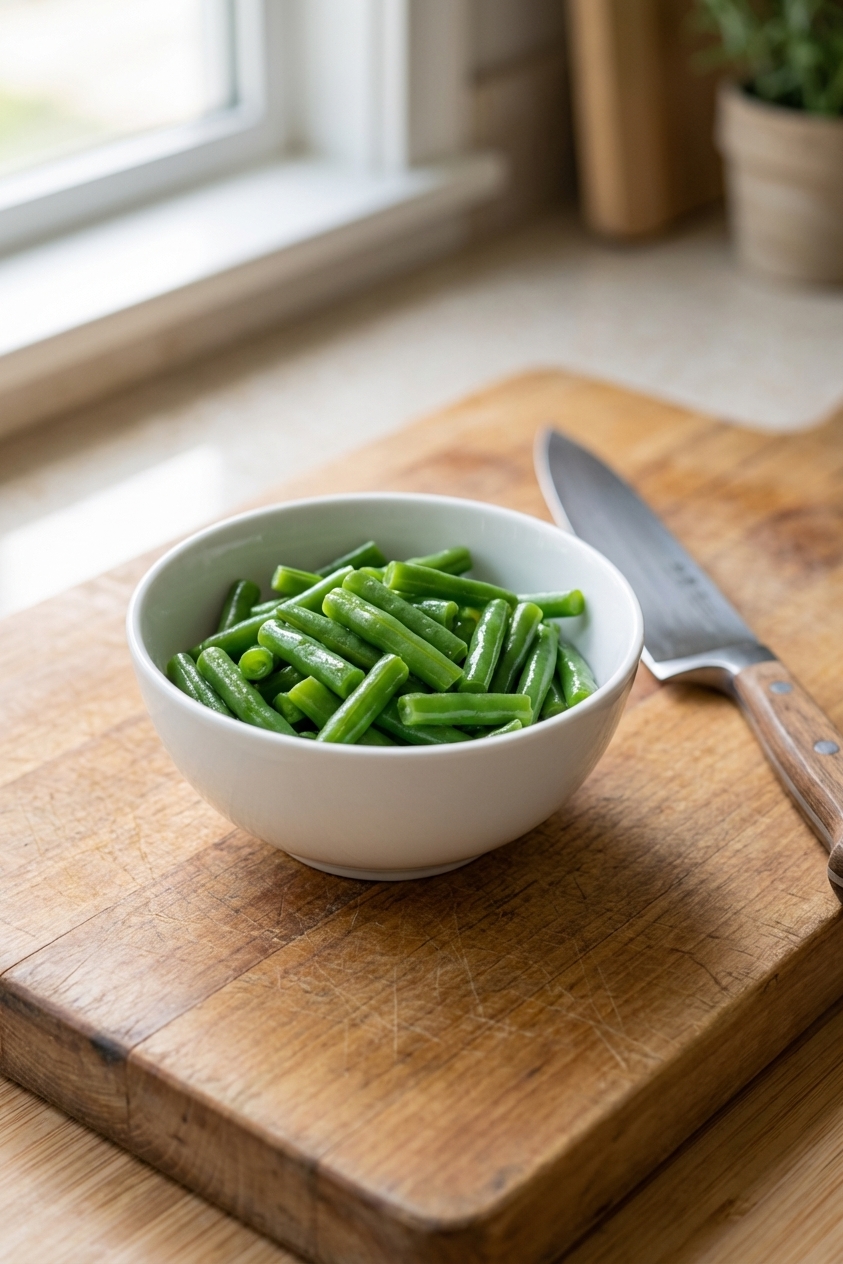 A small bowl of chopped steamed green beans on a wooden cutting board with a kitchen knife nearby, natural light, photorealistic