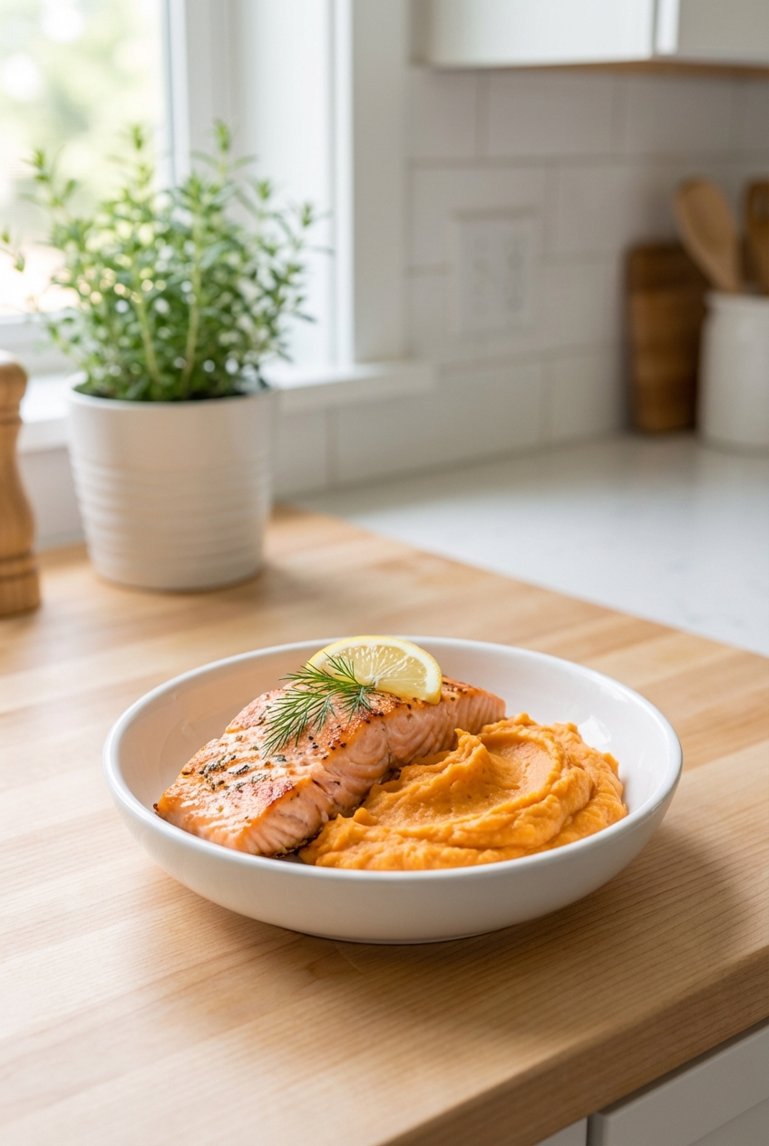 A small bowl of cooked salmon with mashed sweet potato on a kitchen counter