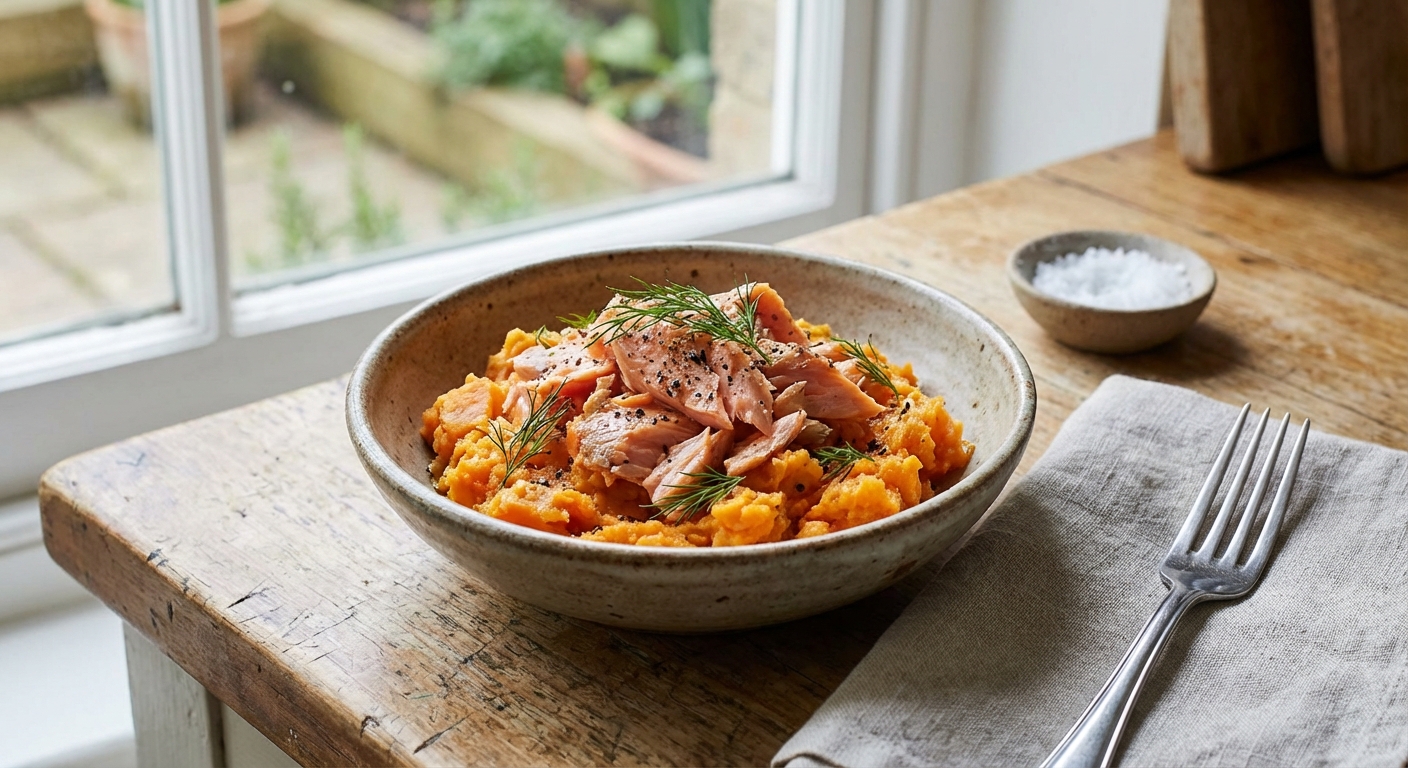 A small bowl of flaked cooked salmon with mashed sweet potato on a countertop