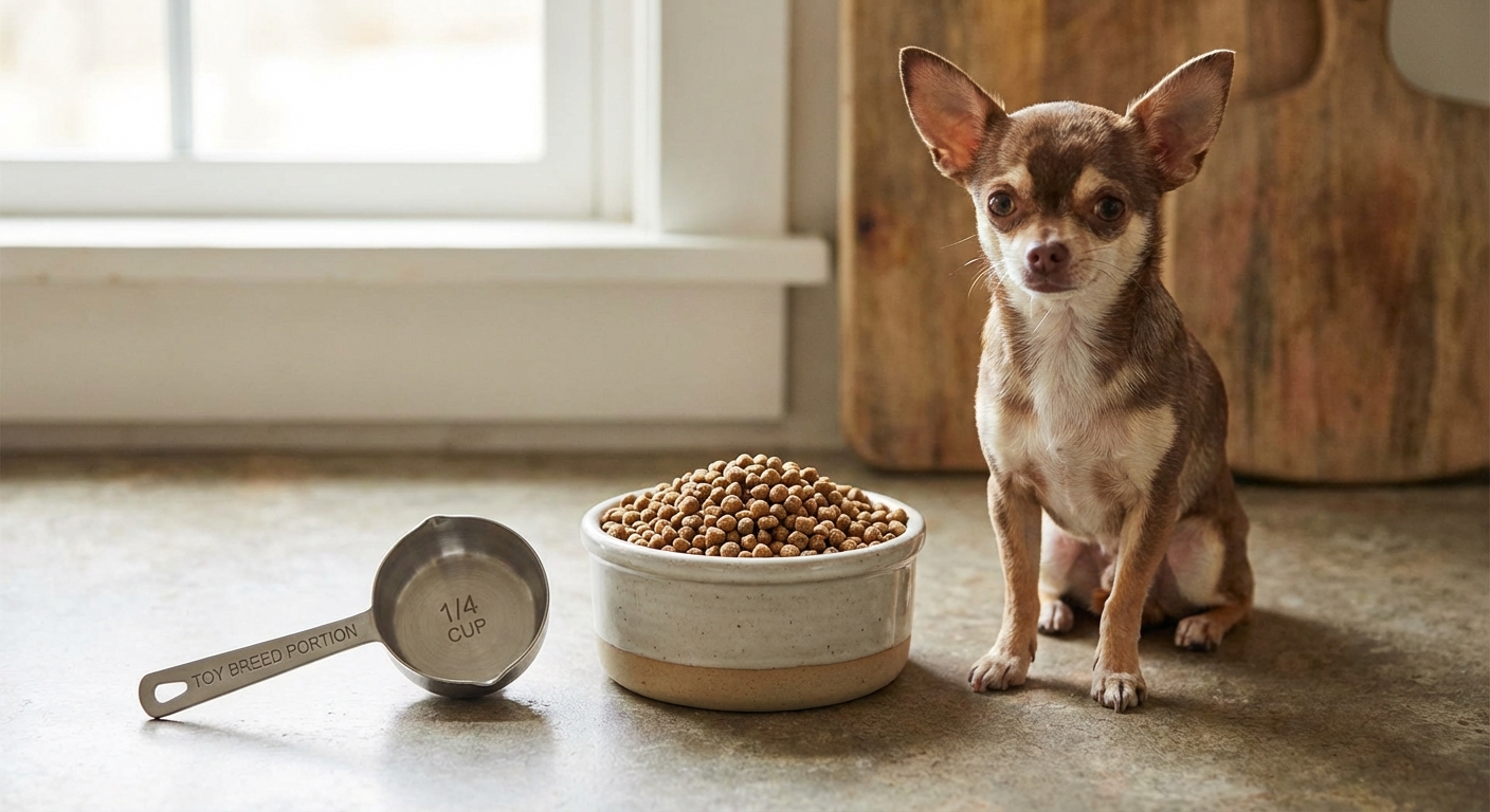 A small bowl of kibble next to a measuring scoop, illustrating portion control for a toy-breed dog