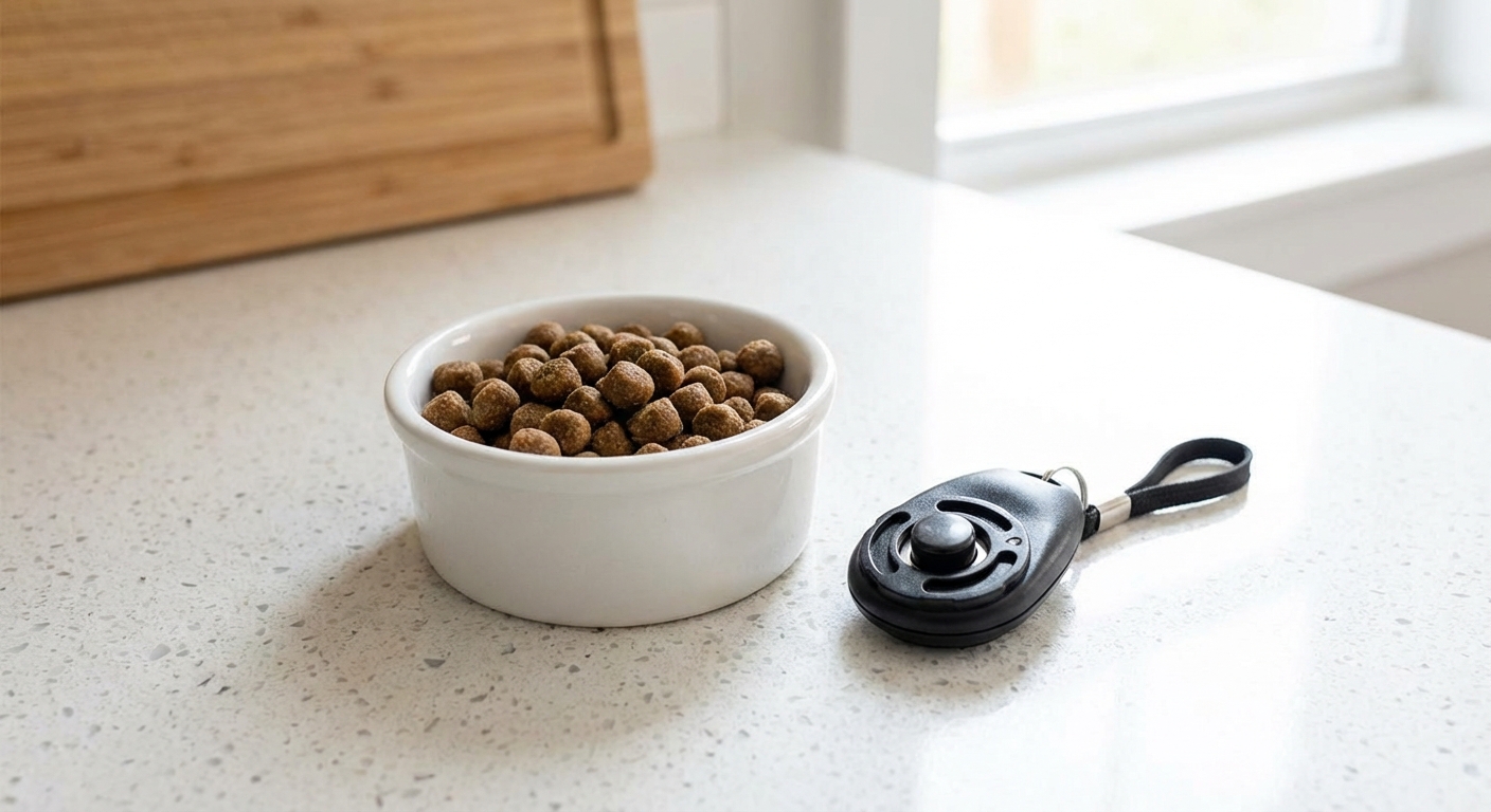 A small bowl of pea-sized dog training treats on a kitchen counter next to a clicker