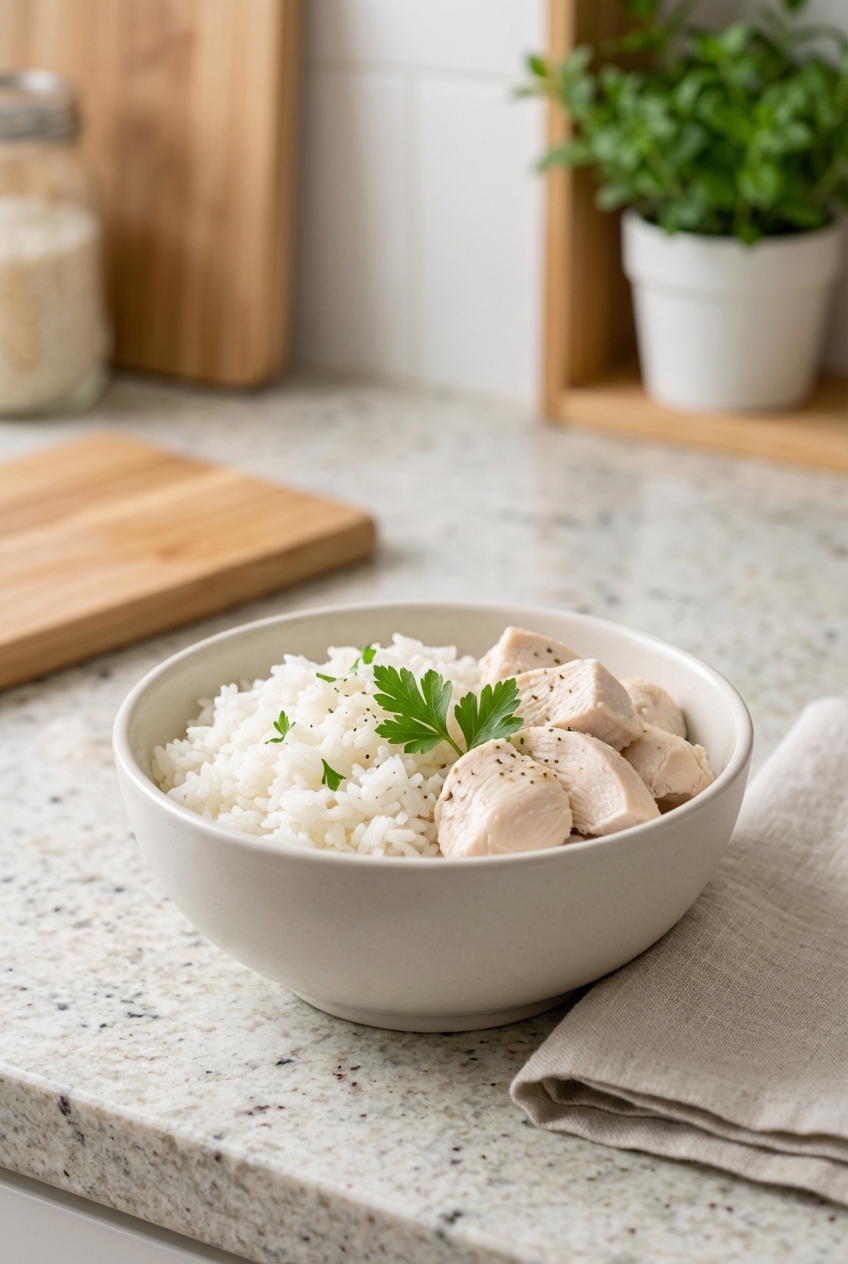 A small bowl of plain boiled chicken and white rice on a kitchen counter