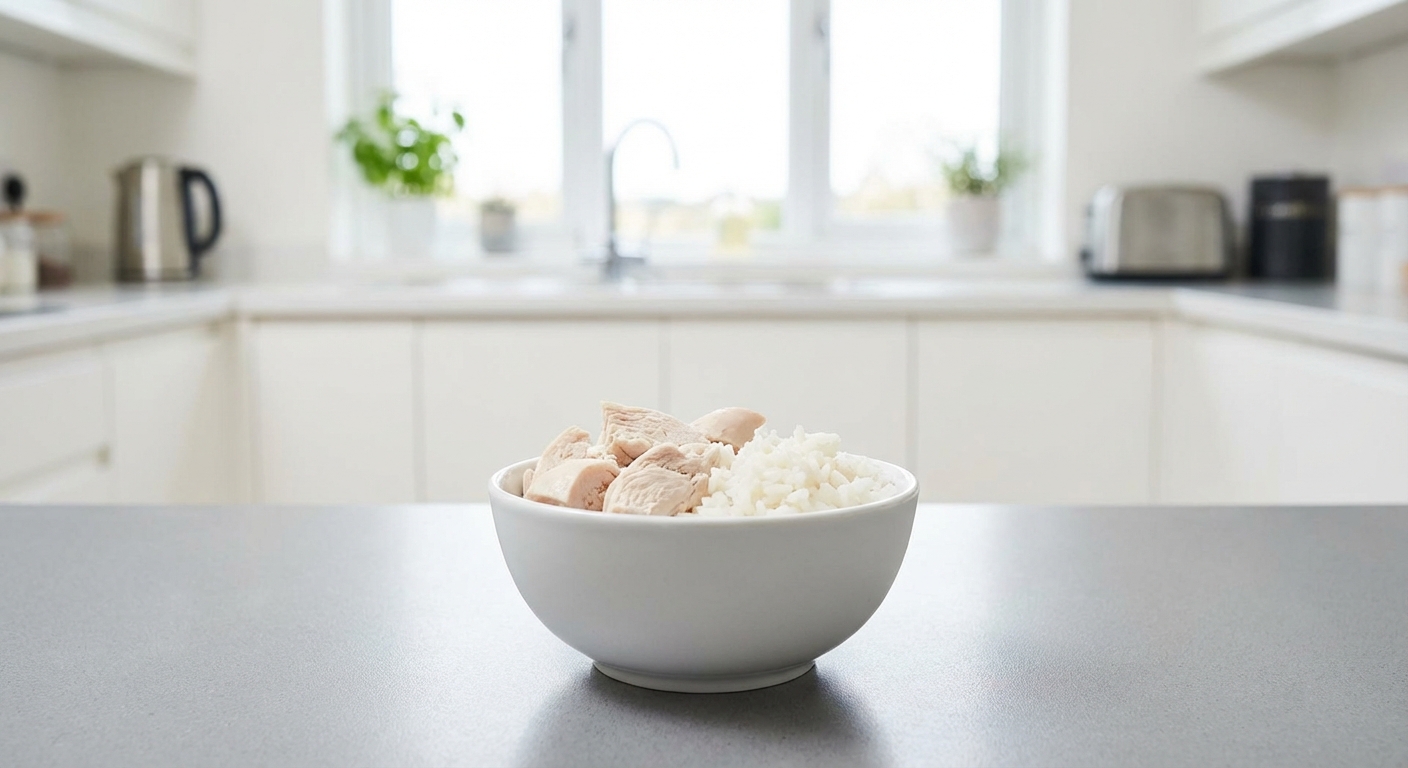A small bowl of plain boiled chicken and white rice on a kitchen counter