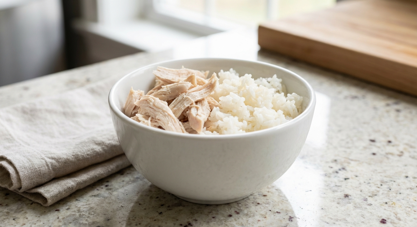 A small bowl of plain boiled chicken and white rice sitting on a kitchen counter