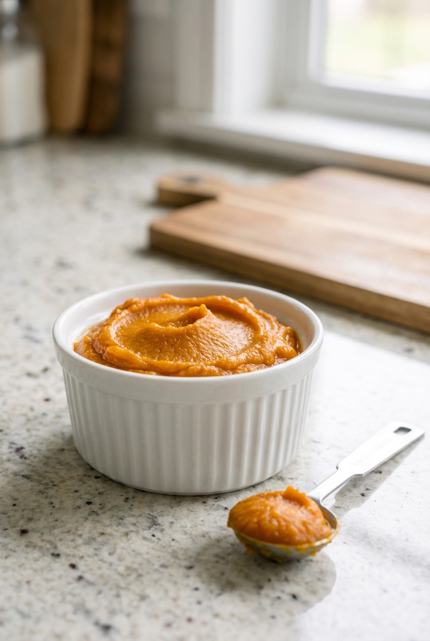 A small bowl of plain canned pumpkin next to a measuring spoon on a countertop