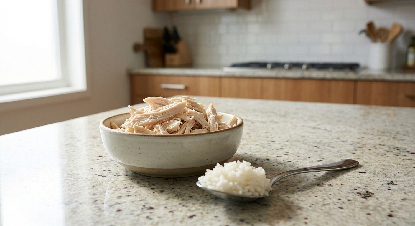 A small bowl of plain cooked chicken and a spoonful of white rice on a kitchen counter