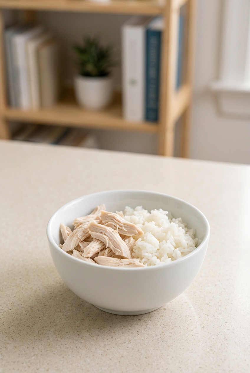 A small bowl of plain cooked chicken and white rice on a kitchen counter