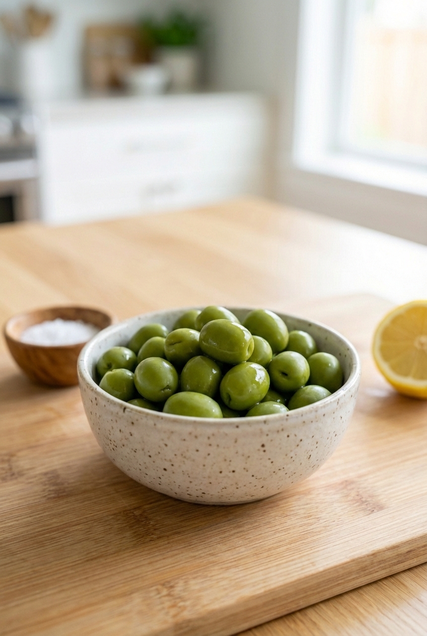 A small bowl of plain green olives