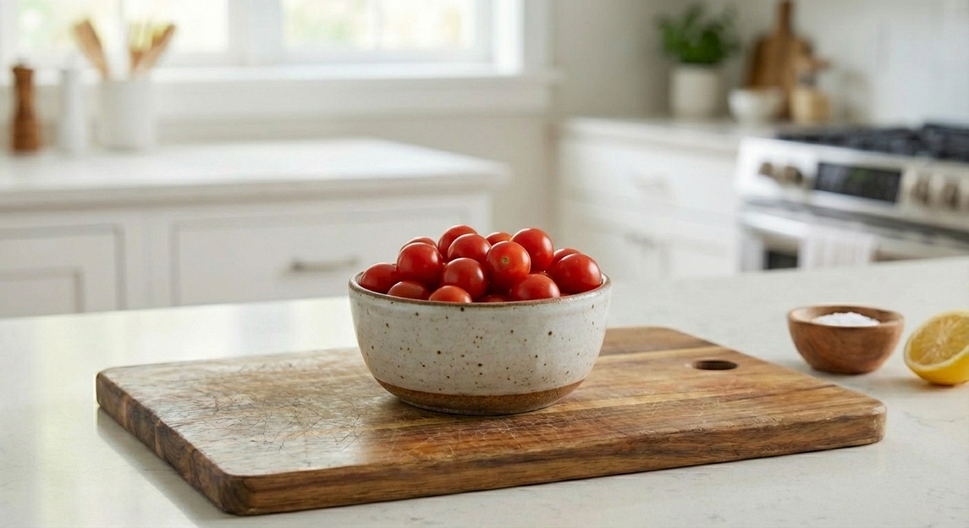 A small bowl of red cherry tomatoes on a kitchen counter